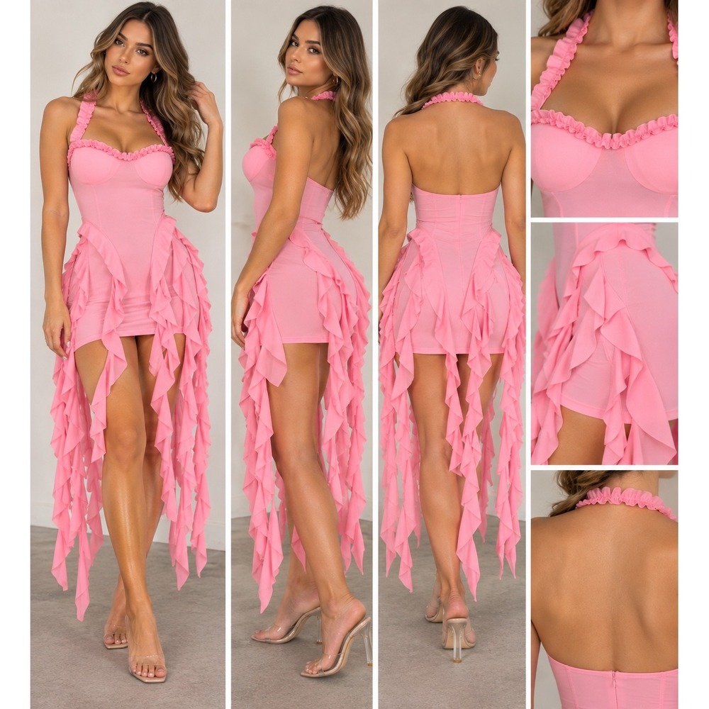 Pink Ruffle Mesh Halter Mini Dress Festival Party Wear Small